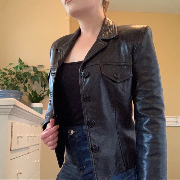 Vintage 80/90s Cropped Black Leather Blazer Jacket - Picture 3 of 7